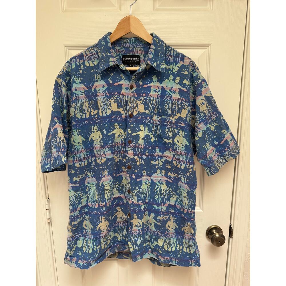Vintage OP Ocean Pacific Hula Girl Button Down Short Sleeve Shirt Blue Sz Large